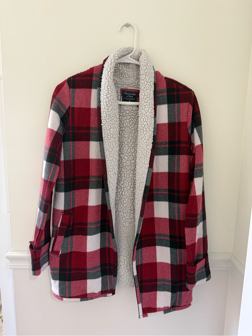 Abercrombie & Fitch Cream Sherpa Jacket with Red Trim Label